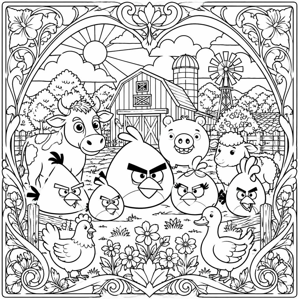 Černobílá omalovánka se scénou z farmy pro děti, zvířata v detailním stylu art nouveau a čisté obrysy.