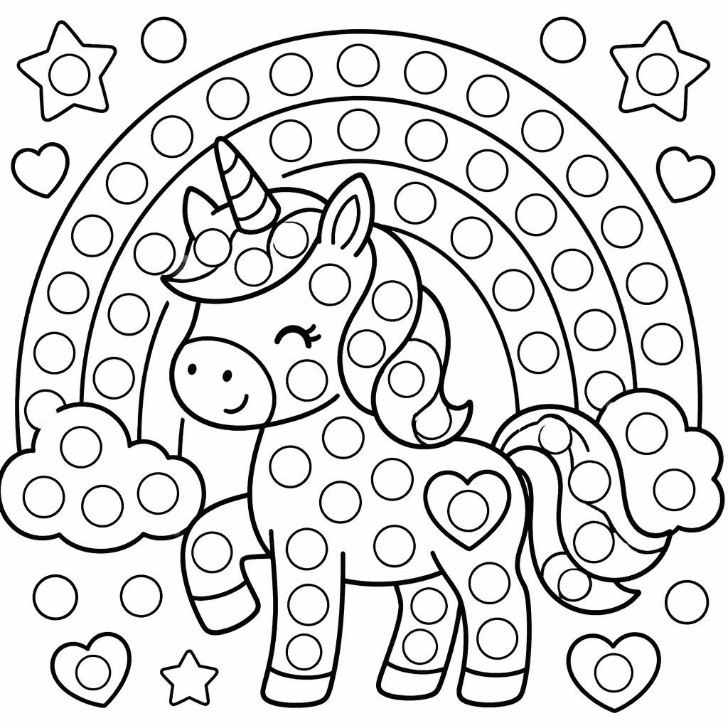 Black-and-white coloring page with a simple unicorn under a rainbow in chunky mandala-style outlines for kids.