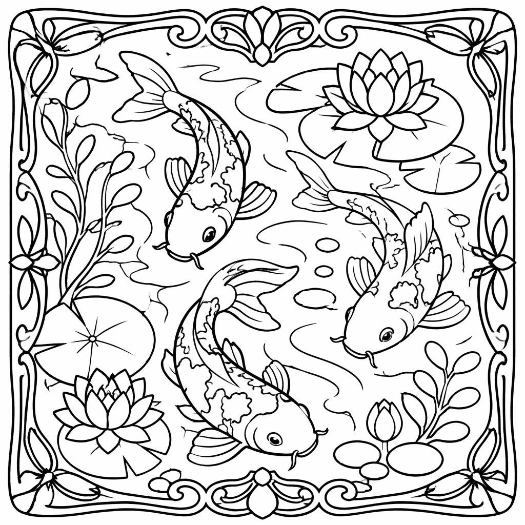 Ilustración para colorear en blanco y negro de un estanque con peces koi, líneas gruesas y formas simples.