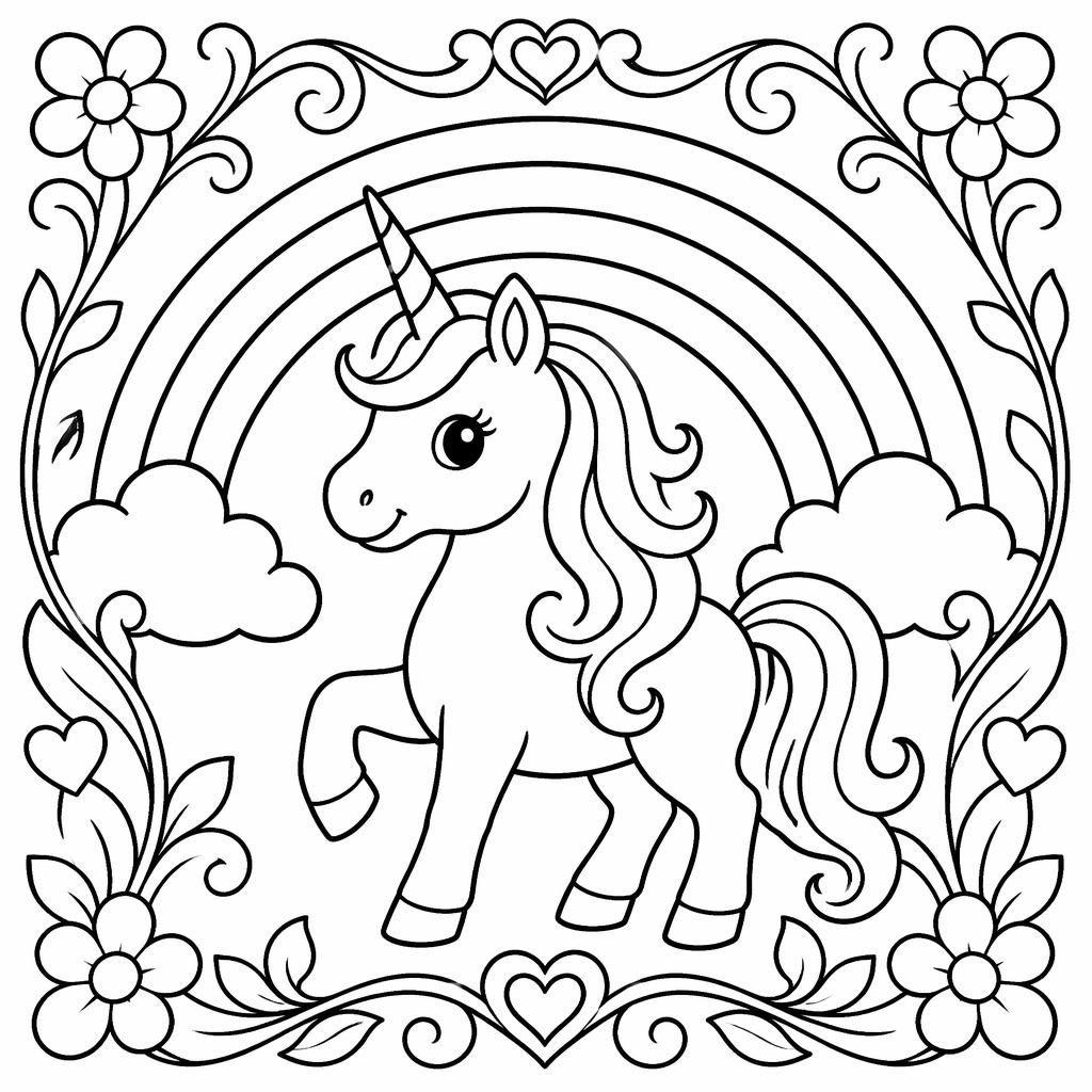 Schlichte Schwarz-Weiß-Ausmalseite mit Einhorn und Regenbogen in klaren Konturen auf weißem Hintergrund.