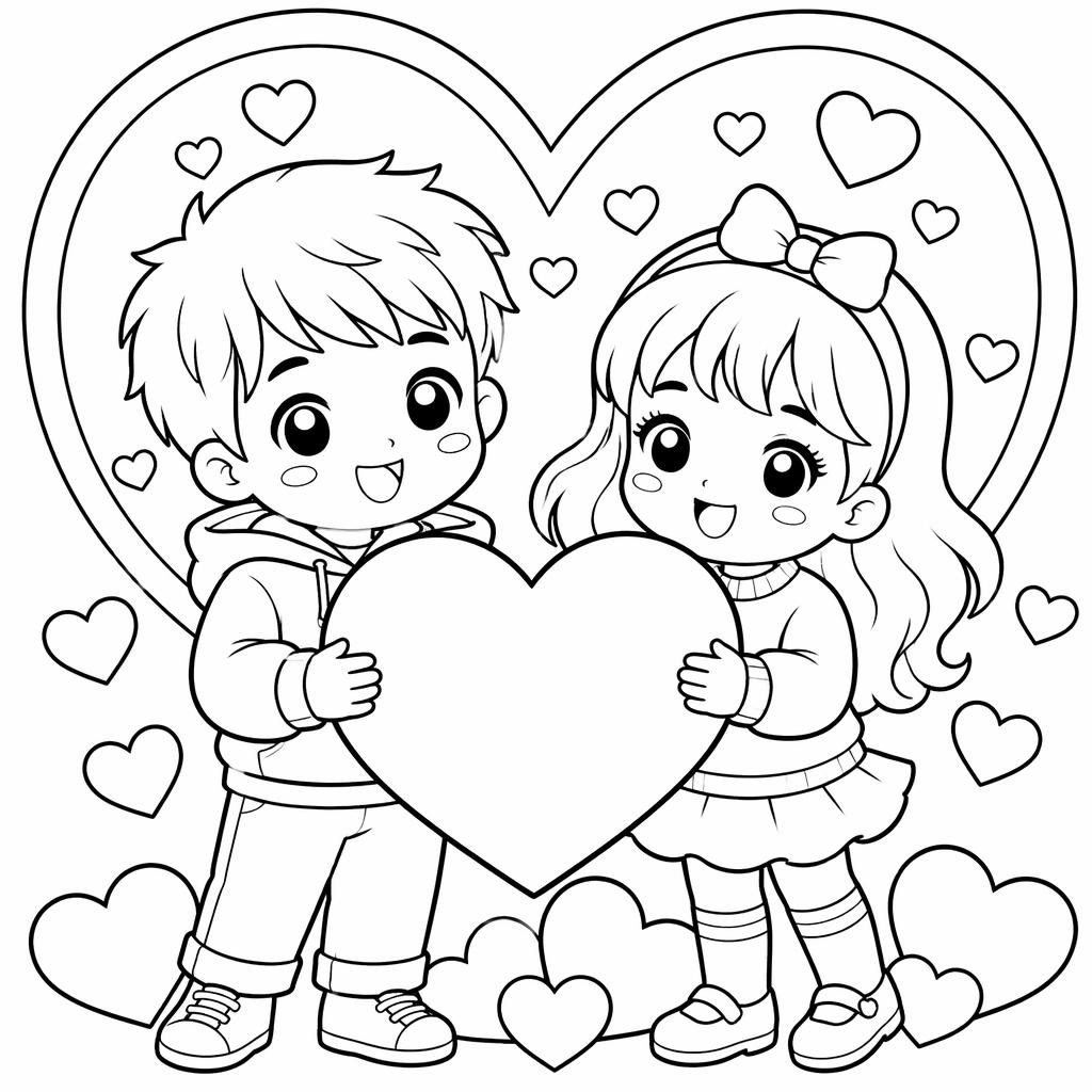 Black-and-white coloring page with kids and Valentine hearts in simple manga-style line art on a white background.
