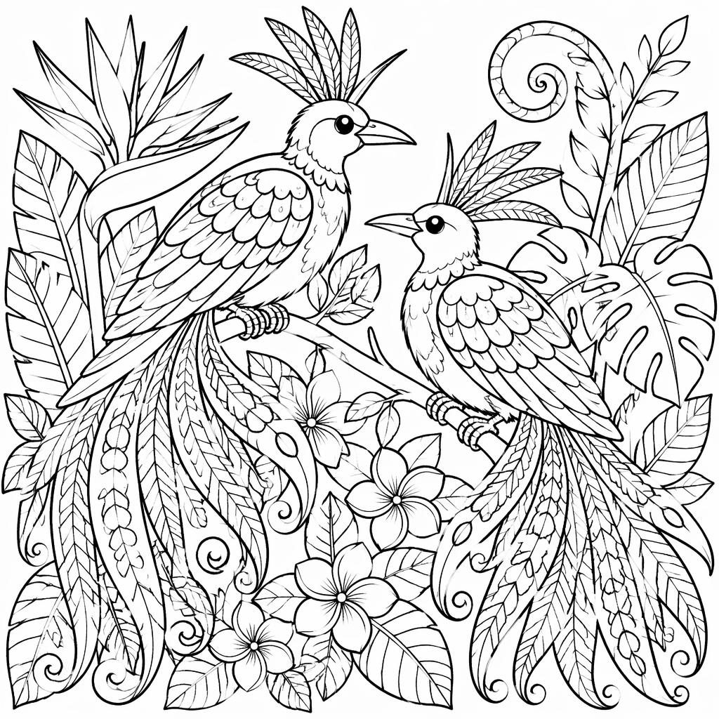 Black-and-white coloring page of detailed birds of paradise in a cute cartoon style with intricate closed outlines.