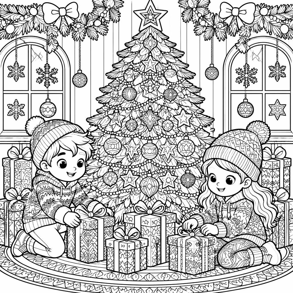 Schwarz-weiße Ausmalbild-Illustration mit Weihnachtsbaum, Geschenken und Kindern im detailreichen Mandala-Stil