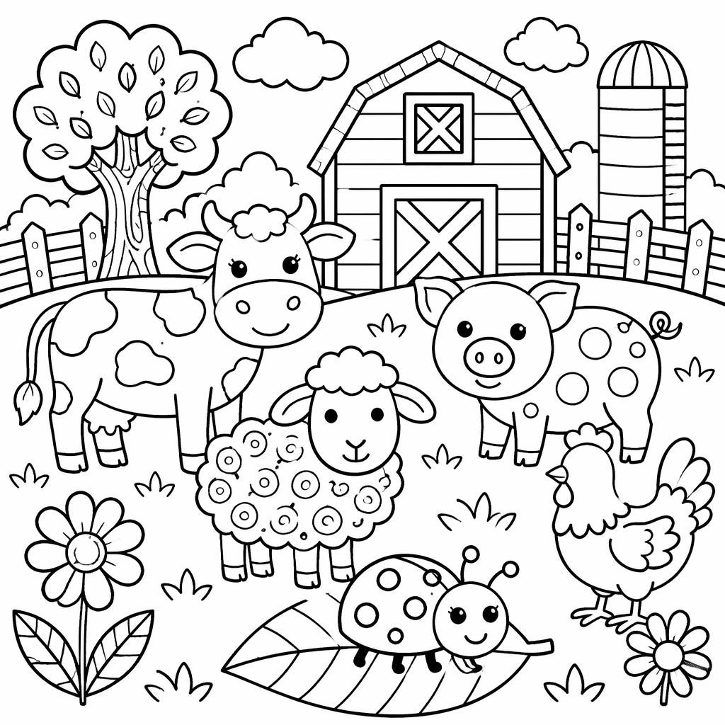 Ilustración para colorear en blanco y negro con animales de granja para niños, estilo doodle simple y contornos limpios.