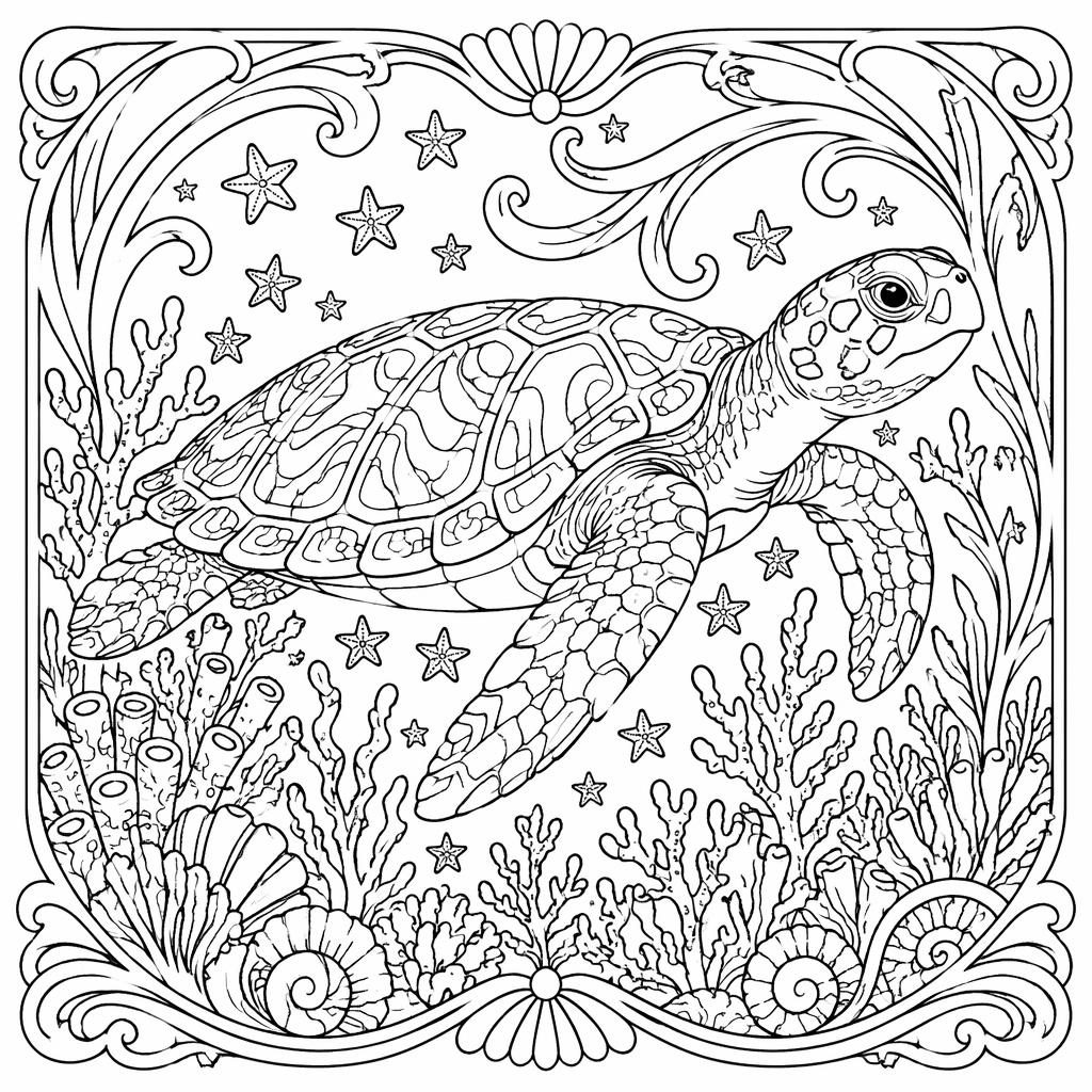 Ilustración para colorear en blanco y negro de una tortuga marina adulta en arrecife con estrellas marinas pequeñas
