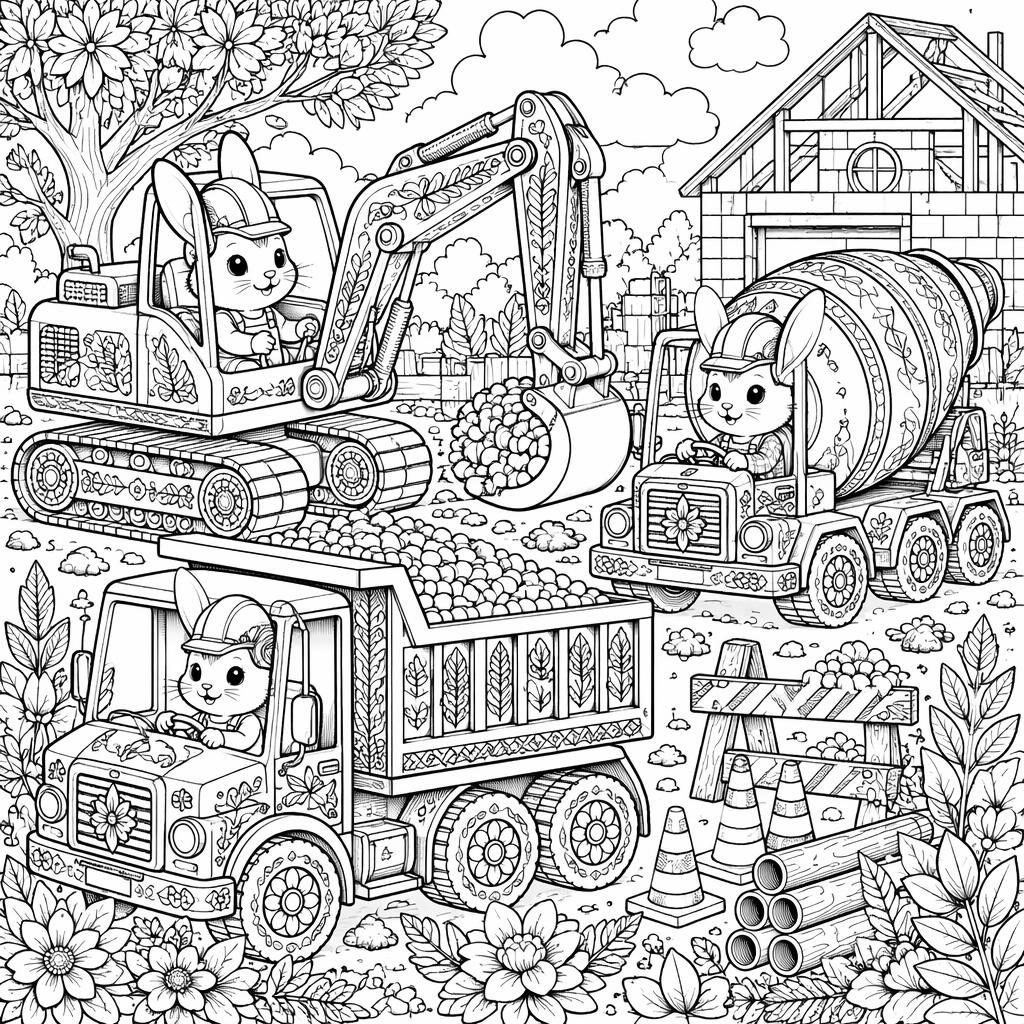 Illustration noir et blanc à colorier montrant des camions de chantier pour enfants, avec détails botaniques et formes fermées.