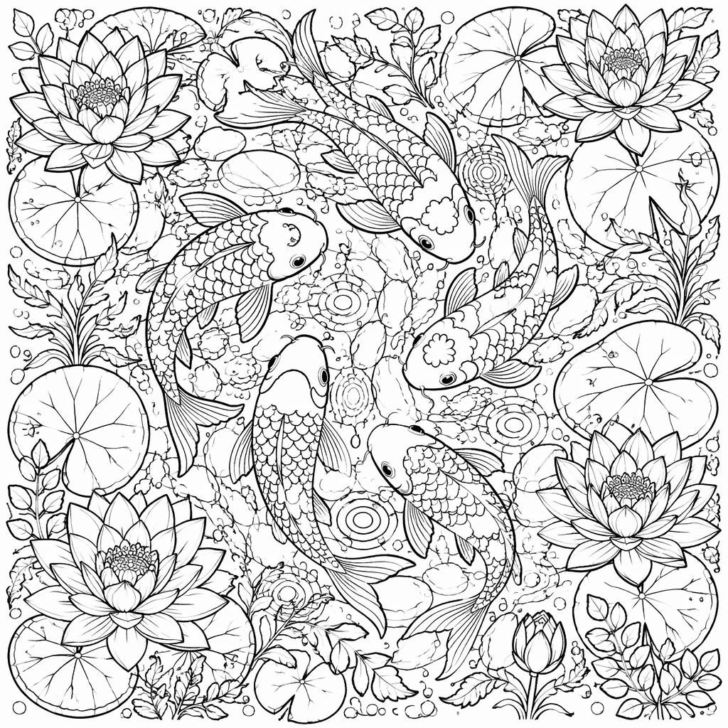 Schwarz-weißes Malblatt mit detailreichem Koi-Teich, Seerosen, Wellen und dekorativen Mustern im Cartoon-Stil.