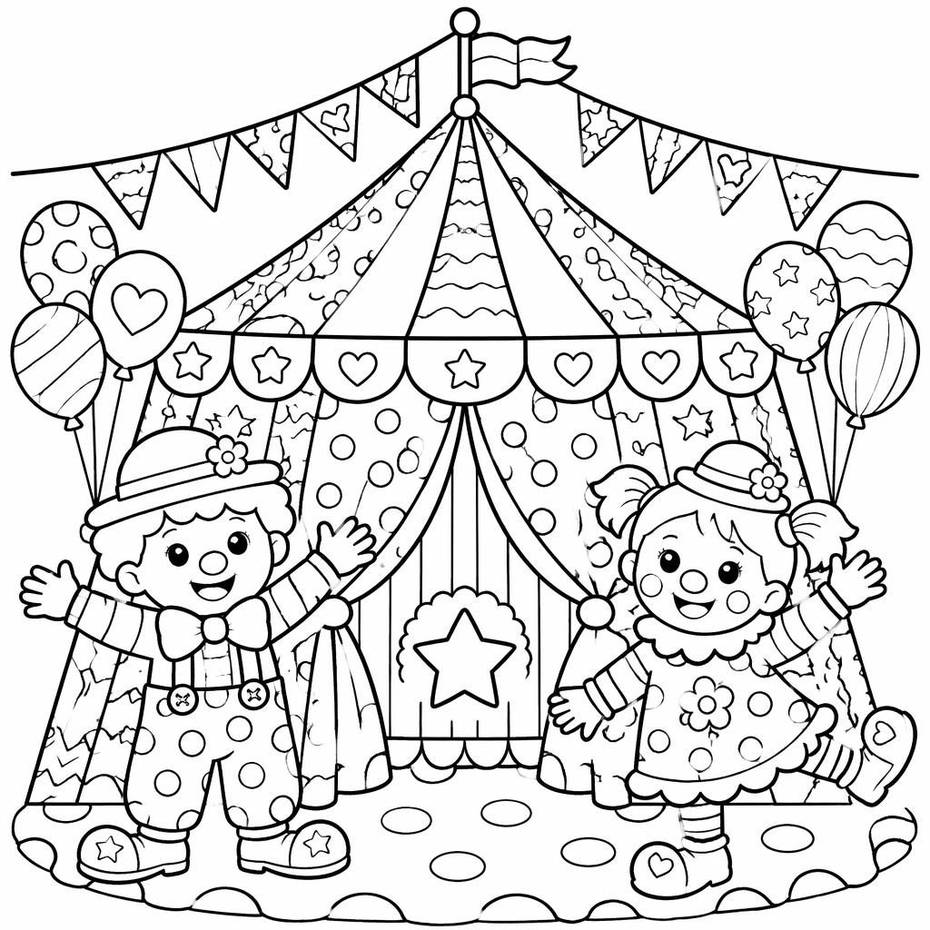 Illustration noir et blanc d’un chapiteau de cirque avec clowns enfants, contours simples et détaillés à colorier.