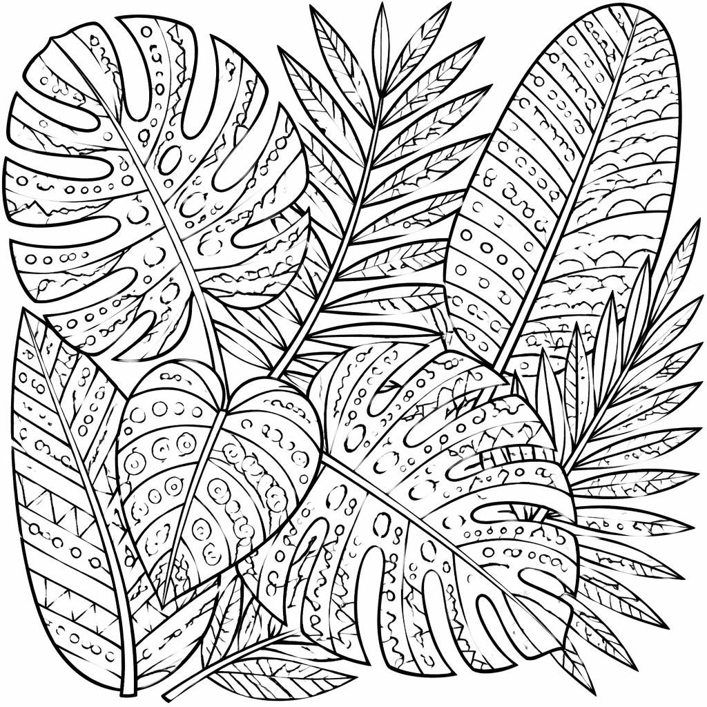 Schwarz-weiße Ausmalseite mit einfachen tropischen Blättern im Zentangle-Stil, klare Konturen auf weißem Hintergrund.