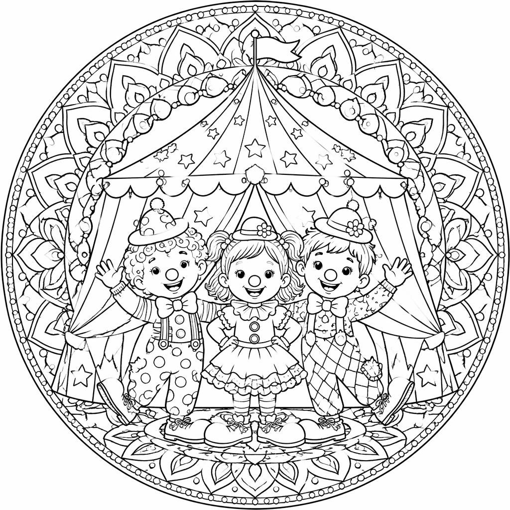 Ilustración para colorear en blanco y negro con carpa de circo, payasos infantiles y detalles intrincados tipo mandala.