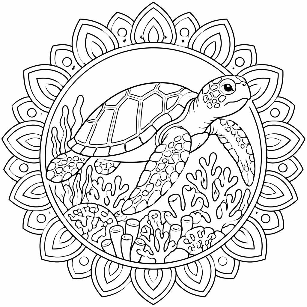 Ilustración para colorear en blanco y negro de una tortuga marina adulta sobre un arrecife con detalles botánicos.