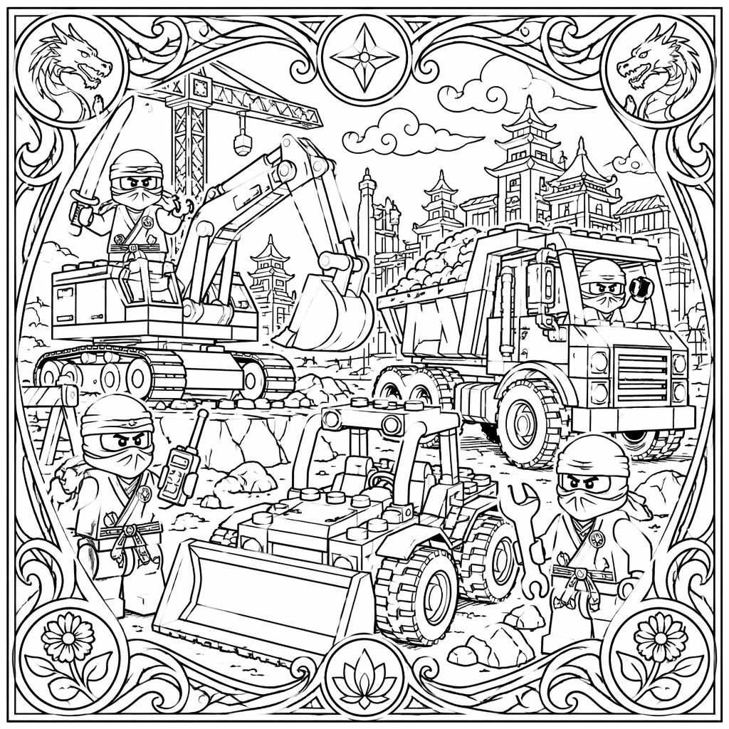 Schwarz-weißes Ausmalbild mit Baustellenfahrzeugen für Kinder im detailreichen Jugendstil als klare Liniengrafik.