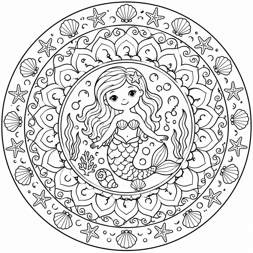 Ilustración para colorear en blanco y negro de una sirena bajo el mar, estilo doodle simple para niños.
