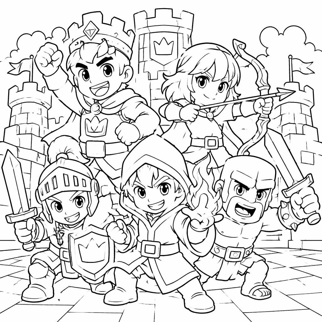 Ilustración para colorear en blanco y negro de niños superhéroes estilo manga con contornos limpios y fondo blanco.
