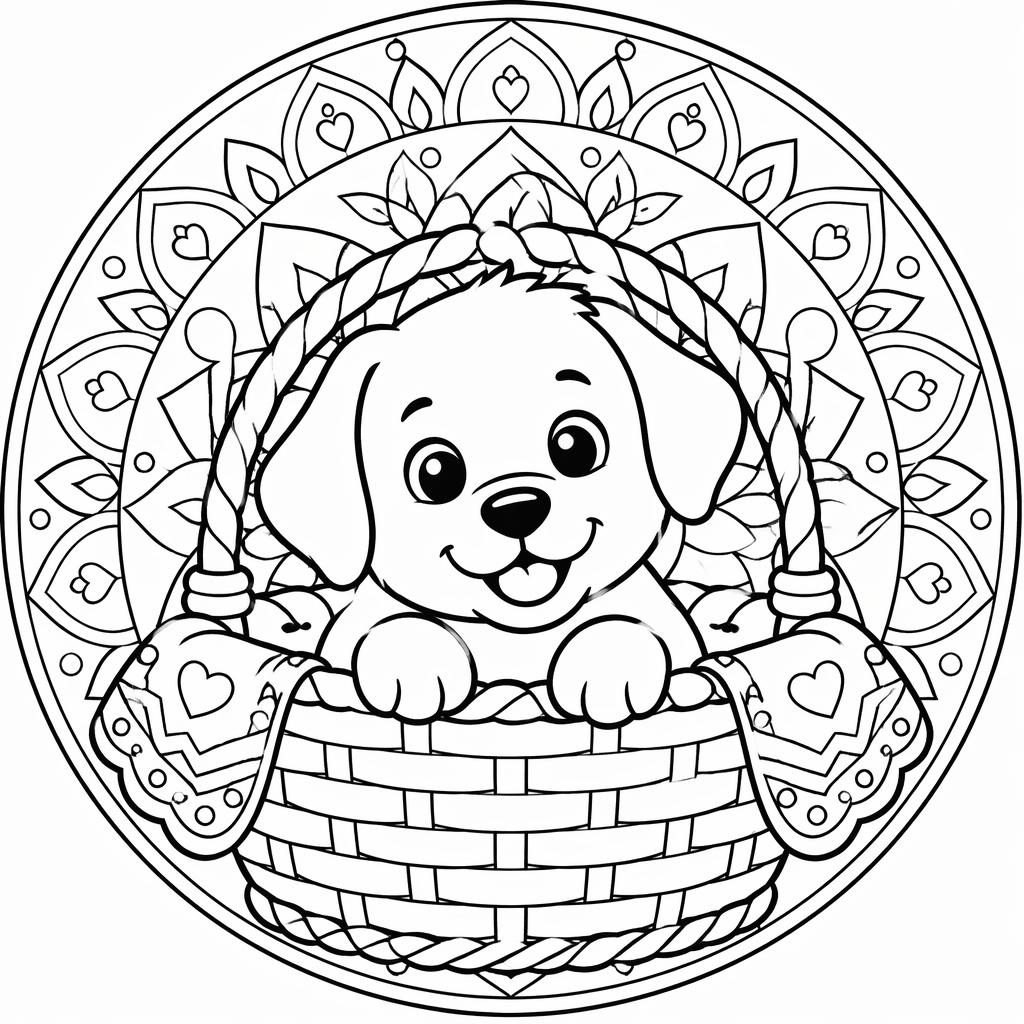 Schwarz-weiße Ausmalbild-Illustration mit Welpe im Korb und Kindern im Mandala-Linienstil