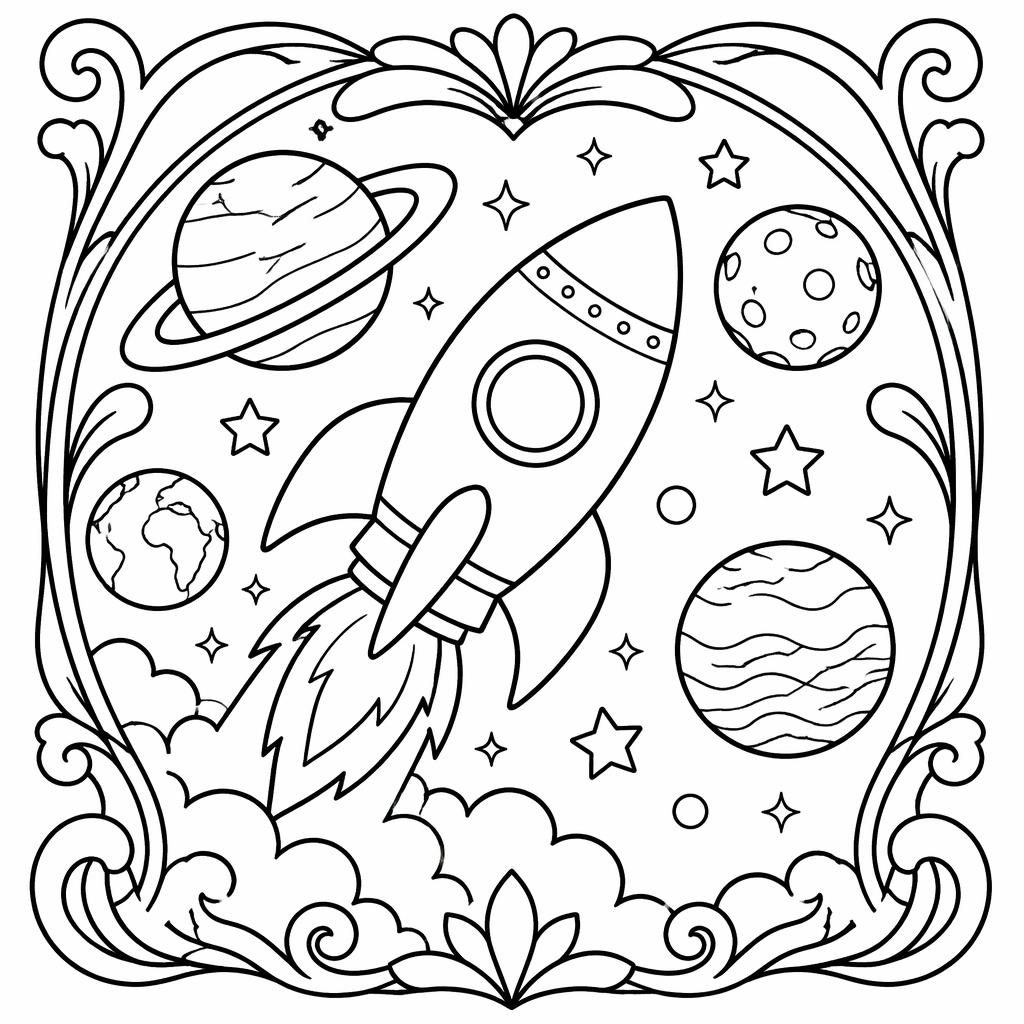 Illustration noir et blanc d’une fusée spatiale avec planètes, style art nouveau, gros contours pour enfants.