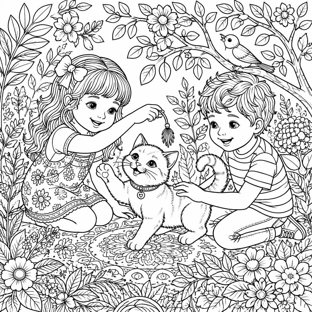 Ilustración para colorear en blanco y negro de un gato y niños jugando, con detalles botánicos y estilo mandala