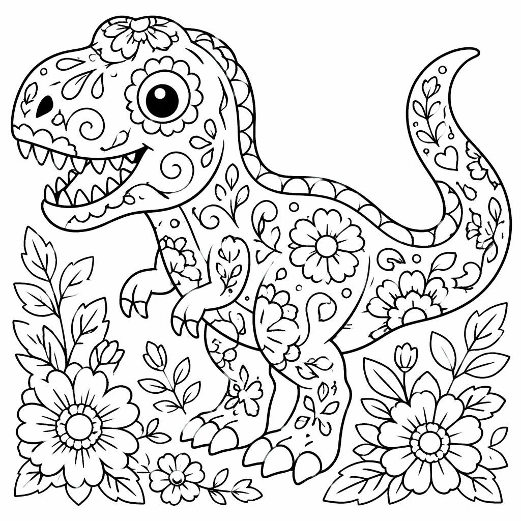 Schwarz-weiße Ausmalseite mit kindgerechtem Sugar Skull im botanischen Line-Art-Stil auf weißem Hintergrund.