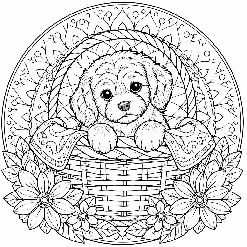 Schwarz-weiße Ausmalillustration mit Welpe im Korb und Kindern im detailreichen Mandala-Linienstil.