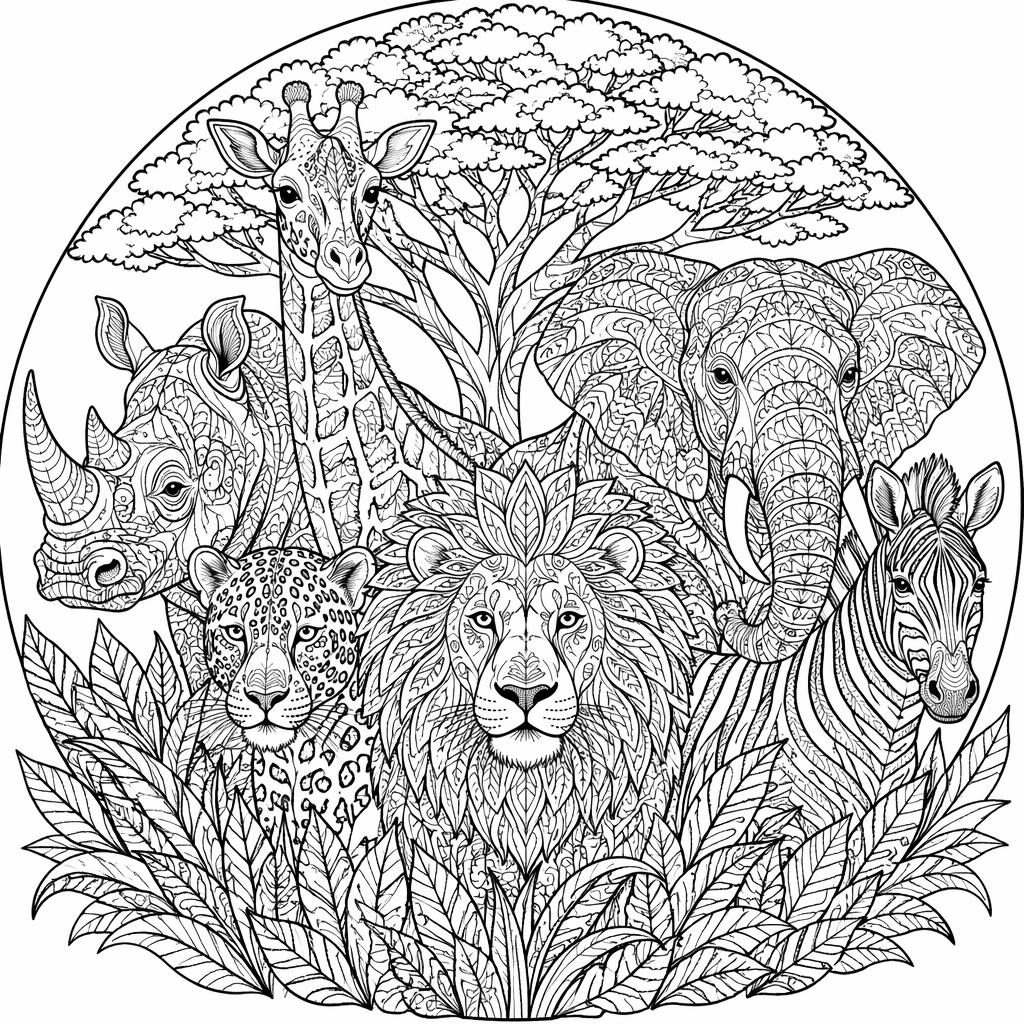 Schwarz-weiße Ausmalseite mit Safari-Tieren im Zentangle-Stil, detailreiche Konturen auf weißem Hintergrund.
