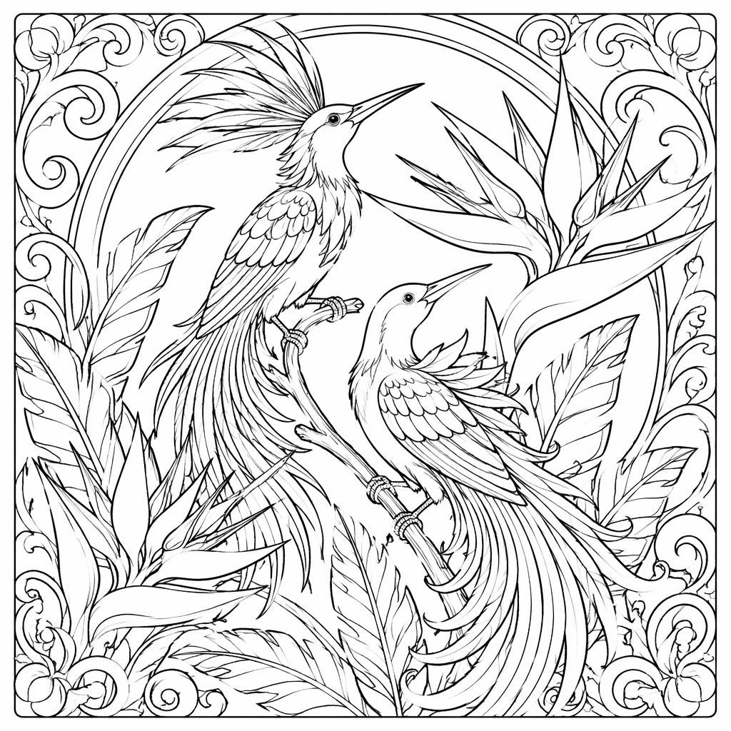 Illustration à colorier en noir et blanc d’oiseaux du paradis détaillés, style art nouveau, contours nets sur fond blanc.