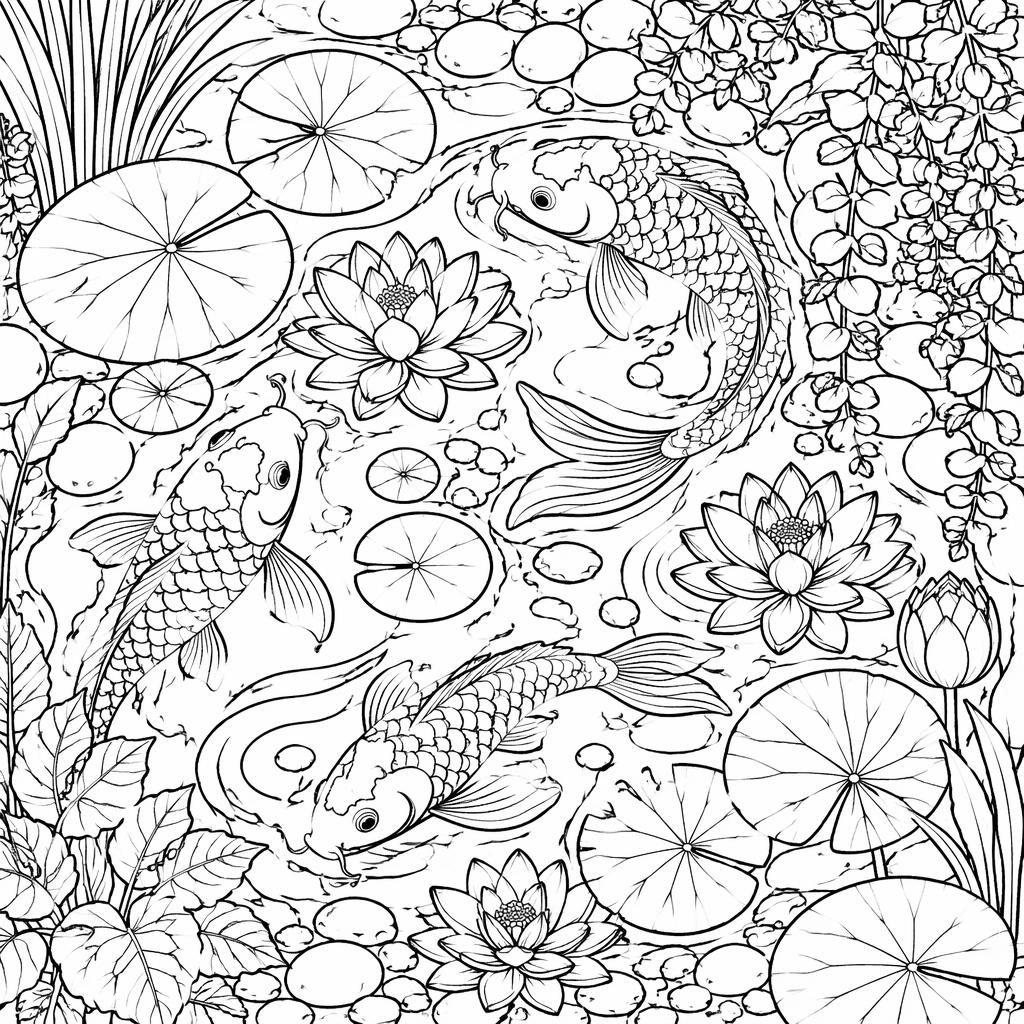 Ilustración para colorear en blanco y negro de un estanque koi con plantas botánicas y líneas detalladas.