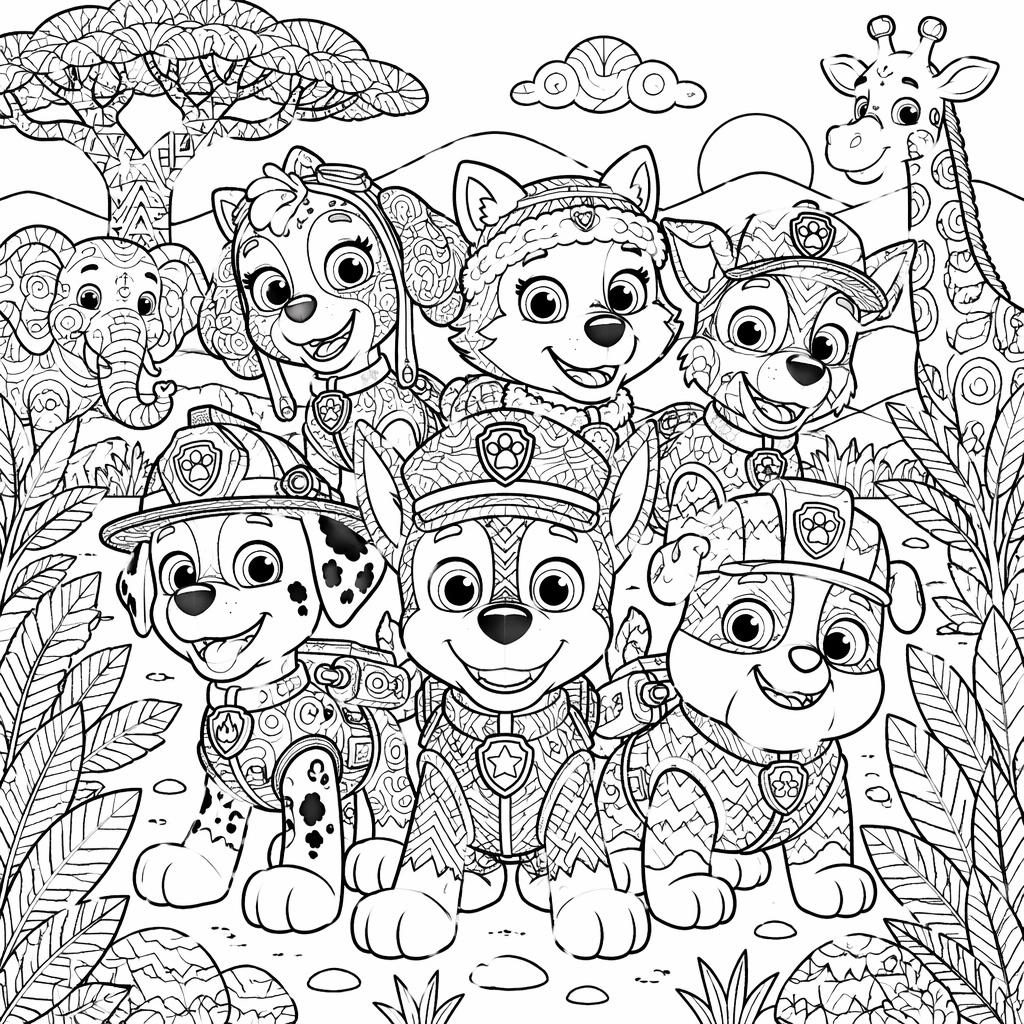 Illustration à colorier en noir et blanc avec animaux de safari en zentangle, style manga, contours nets.