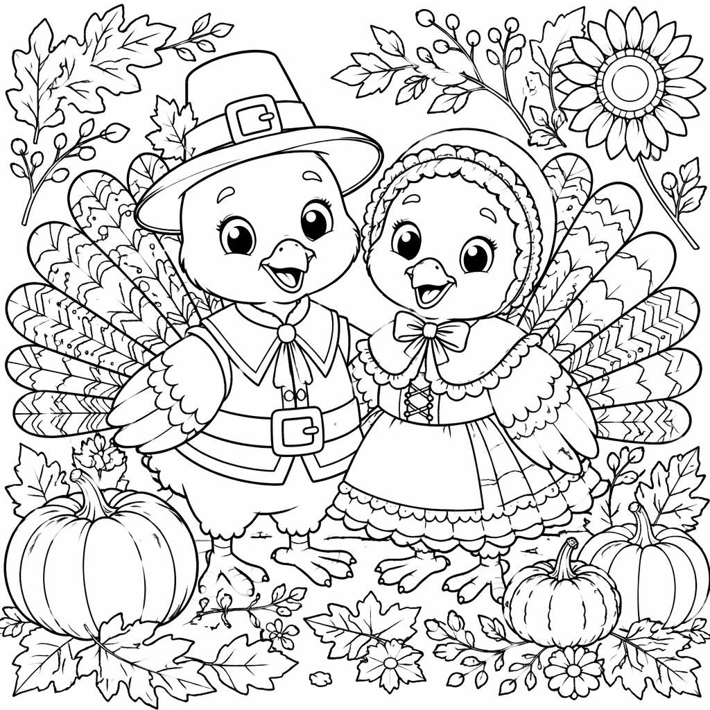 Black-and-white coloring page of kids with a Thanksgiving turkey in detailed botanical-style line art.