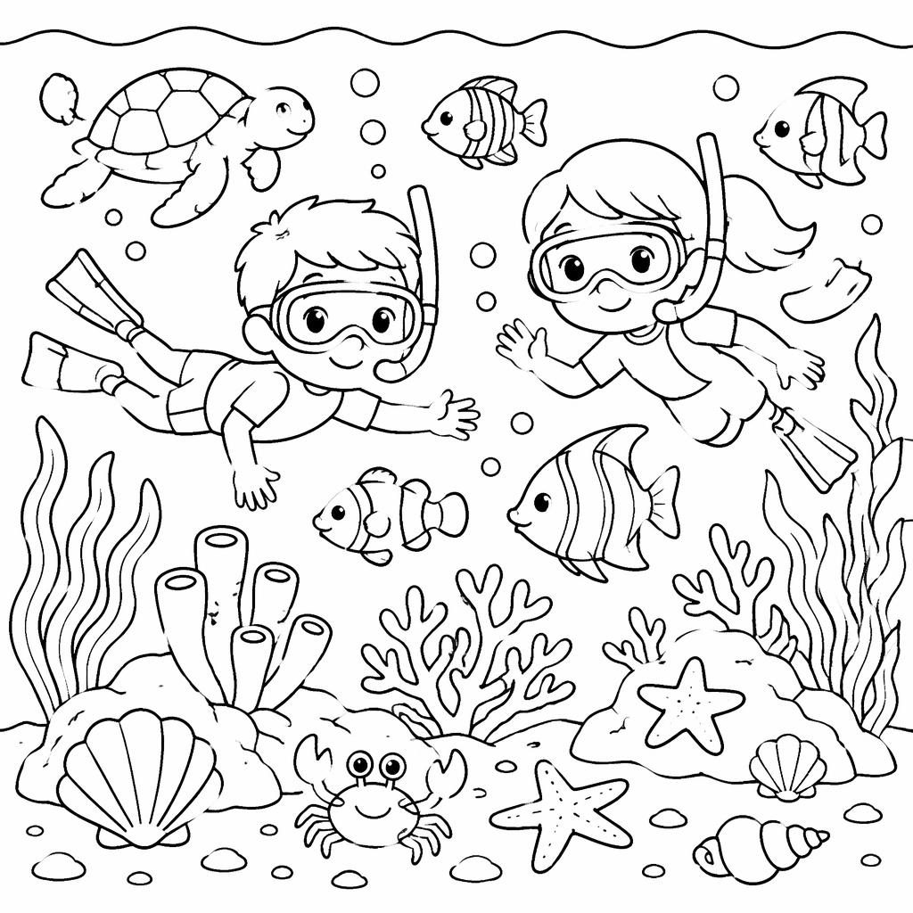 Illustration noir et blanc d’une scène sous-marine pour enfants avec poissons, plantes marines et formes simples à colorier.
