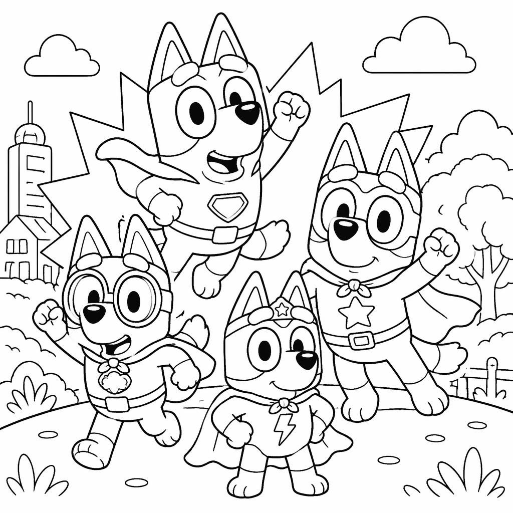 Black-and-white coloring page of superhero cartoon kids in a manga-inspired line art style, clean outlines on white.