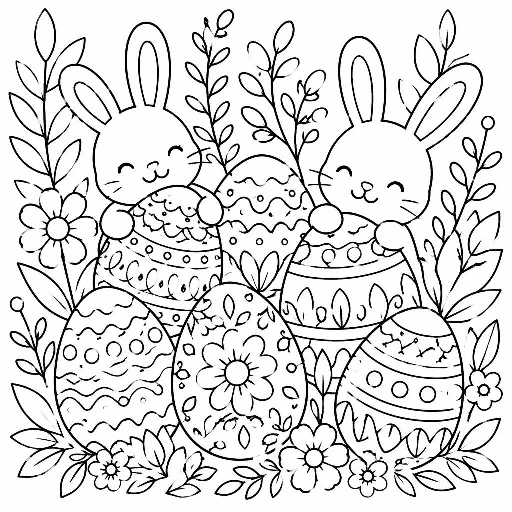 Black-and-white line art of bunny kids with Easter eggs in a simple botanical coloring page style.