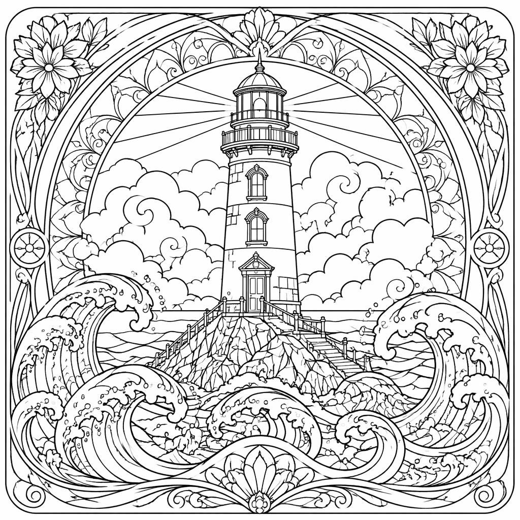 Schwarz-weiße Ausmalseite mit Leuchtturm, Wellen und filigranen Jugendstil-Mustern als detailreiche Line-Art