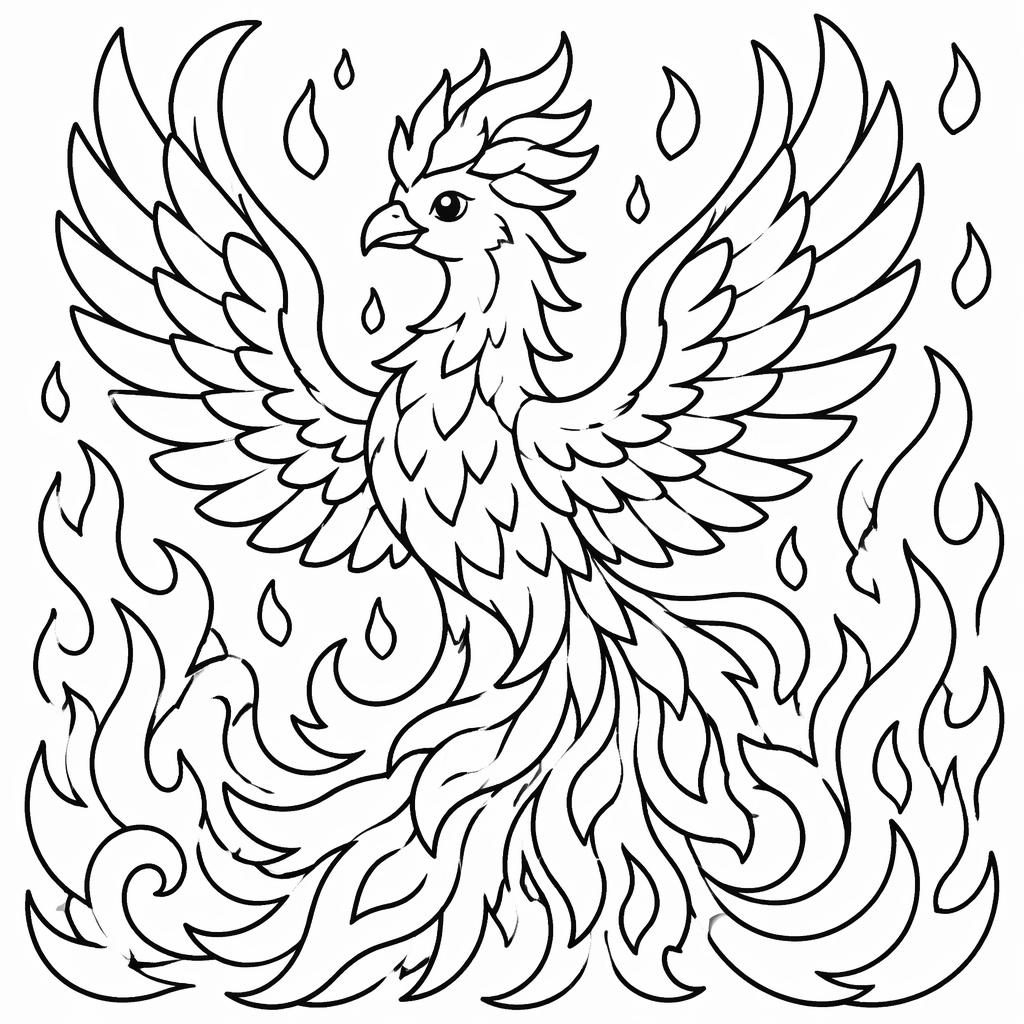 Black-and-white coloring page of a cute adult phoenix with flame-shaped wings in chunky cartoon outlines.