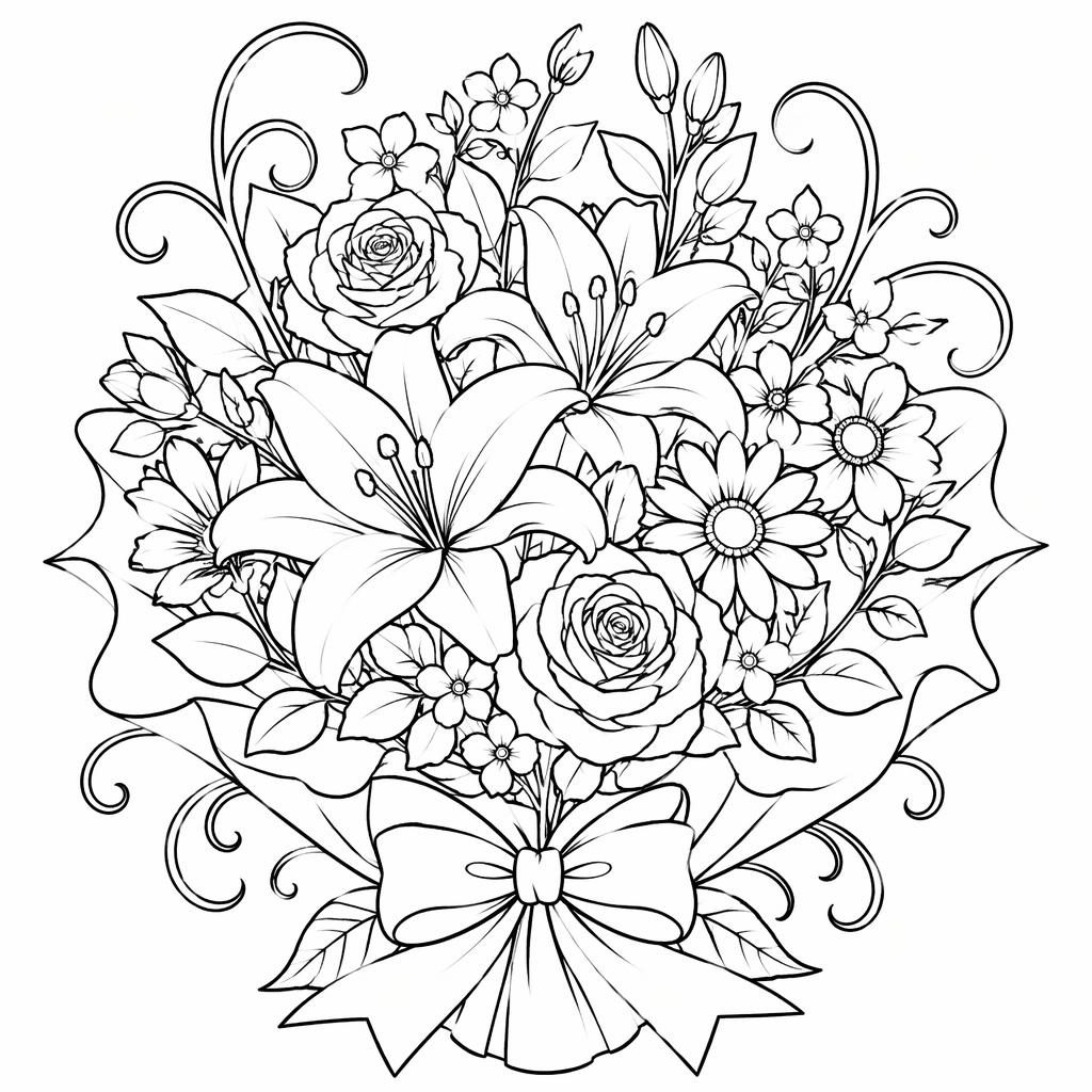 Schwarz-weißes Ausmalbild mit einfachem Blumenstrauß im Jugendstil, klare Konturen, weiße Fläche, kindgerecht