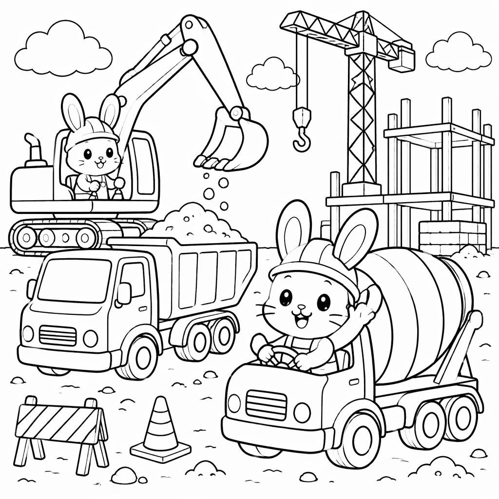 Illustration à colorier en noir et blanc avec camions de chantier style manga, contours simples sur fond blanc.
