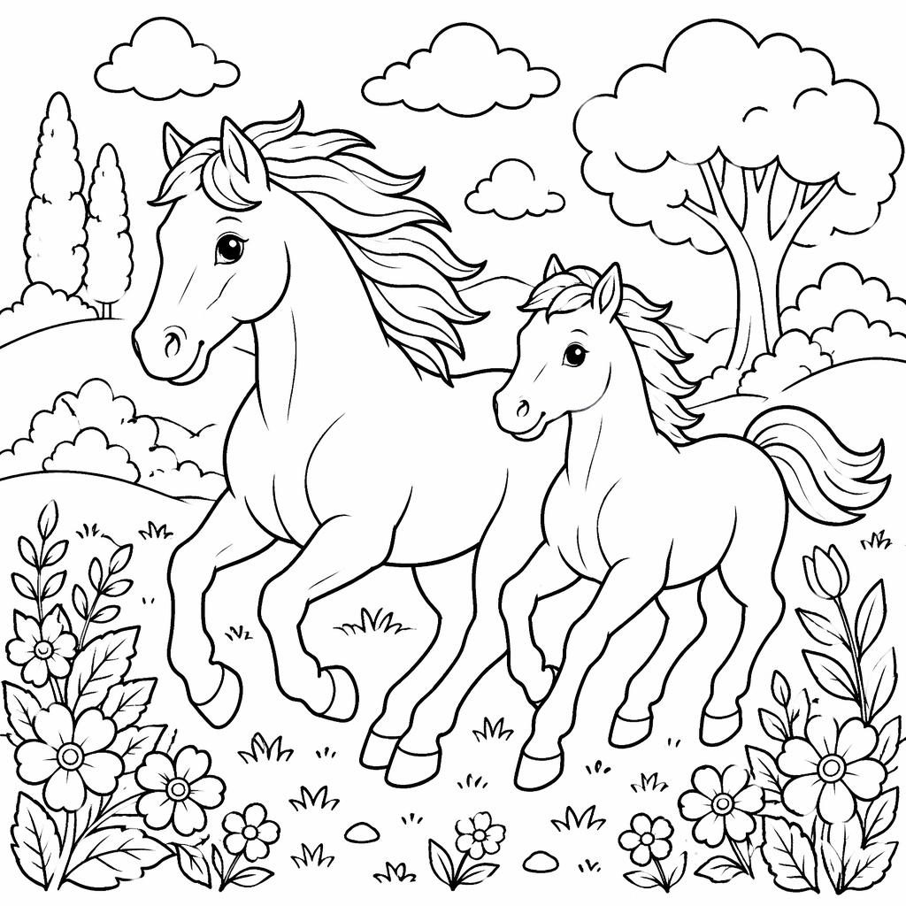Ilustración para colorear en blanco y negro de caballos corriendo con líneas gruesas y detalles botánicos.