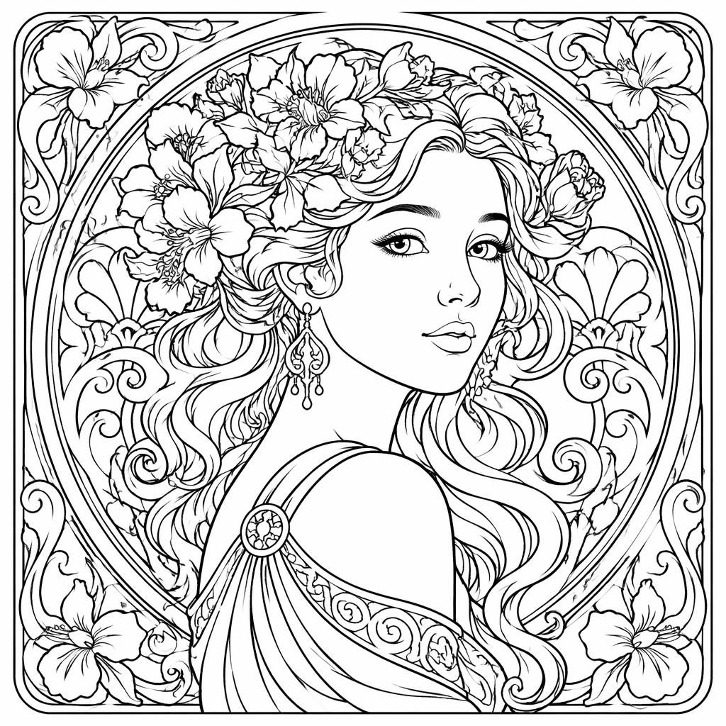 Portrait de femme art nouveau en noir et blanc, en line art détaillé, avec motifs complexes à colorier
