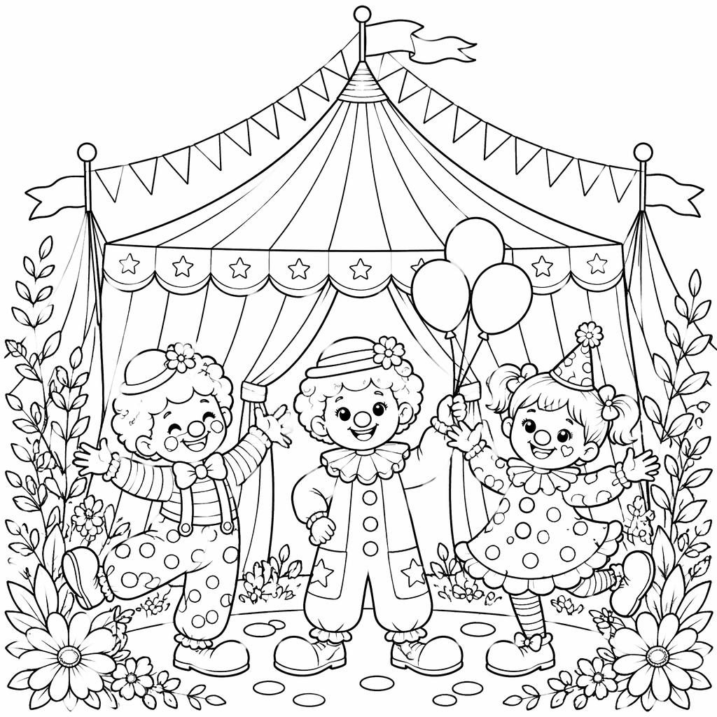 Schwarz-weiße Malvorlage mit Zirkuszelt, Clowns, Kindern und feinen botanischen Details als klare Line-Art.