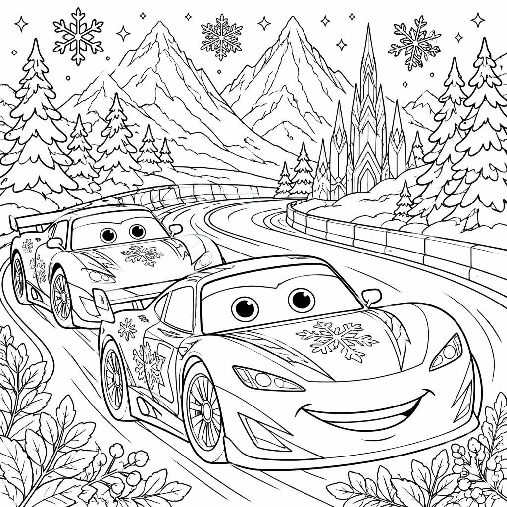Black-and-white line art coloring page of kid-friendly racing cars with botanical details and closed shapes.