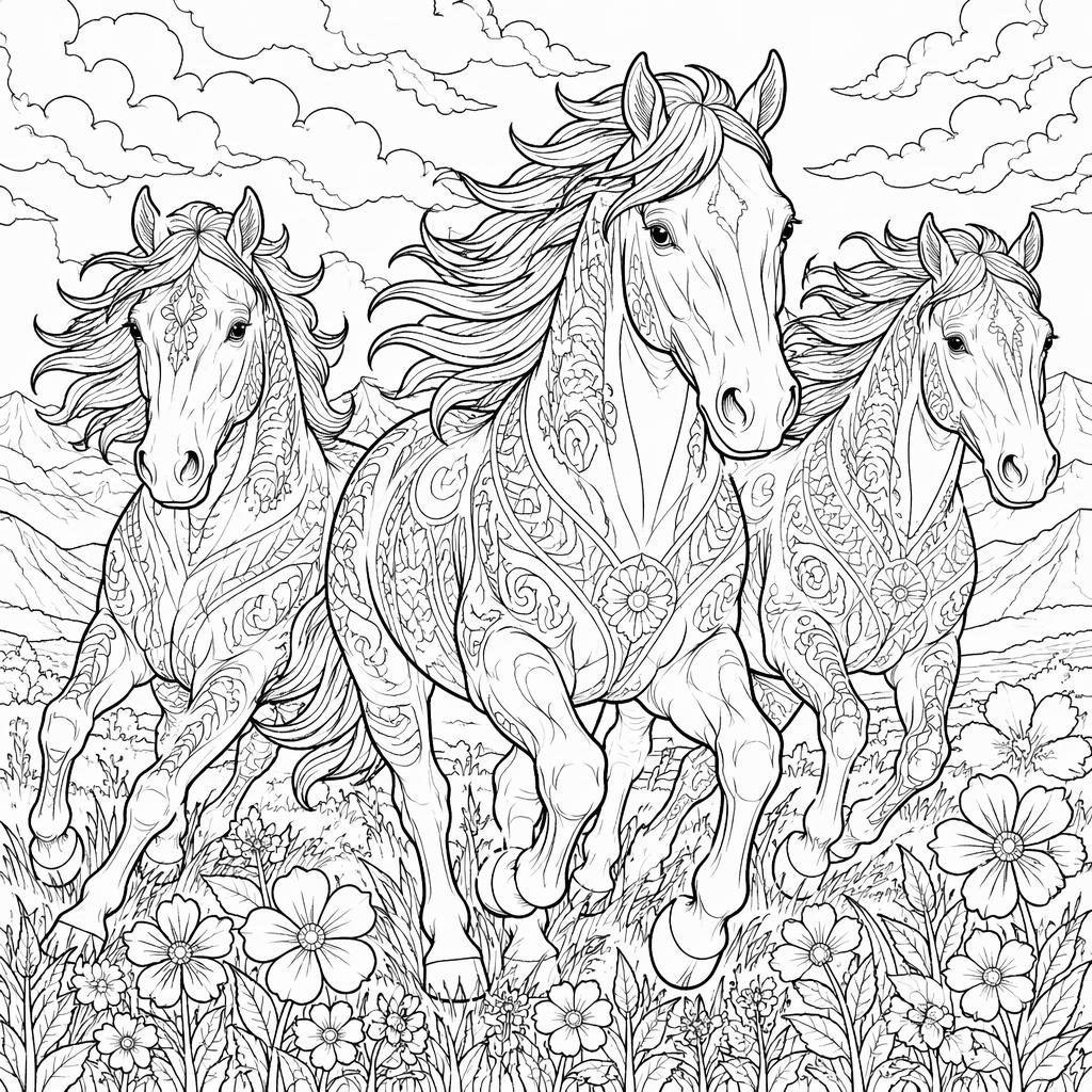 Illustration noir et blanc de chevaux au galop, style coloriage détaillé, contours nets sur fond blanc.