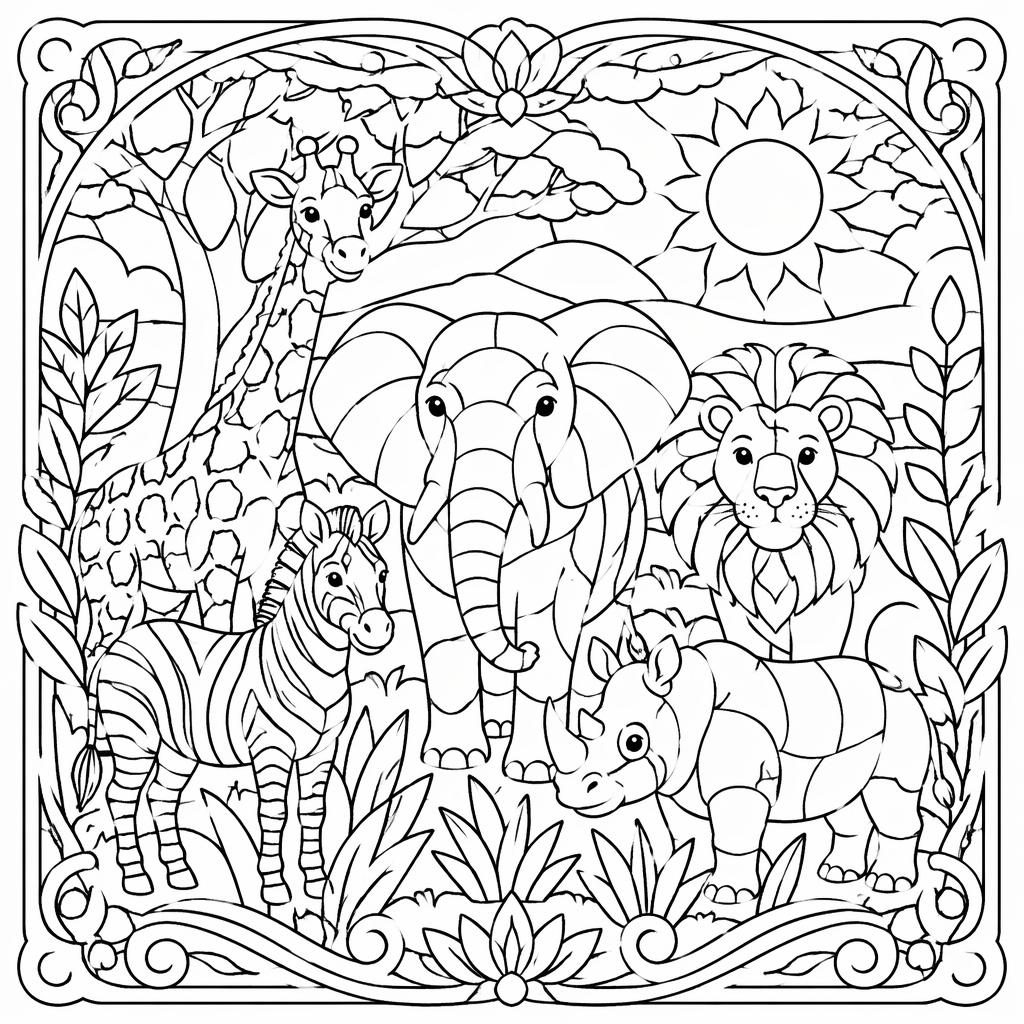 Illustration noir et blanc de coloriage zentangle avec animaux de safari, contours nets, style art nouveau.
