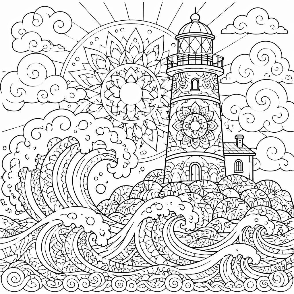 Ilustración en blanco y negro de un faro con olas, estilo página para colorear con detalles intrincados.