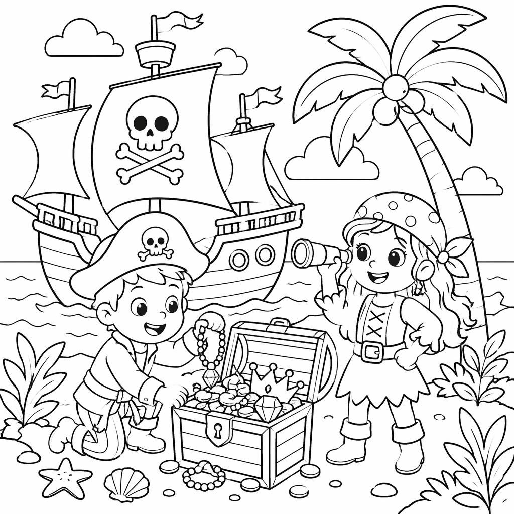 Black-and-white line art coloring page with a pirate ship, treasure, kids, and botanical details on white background.
