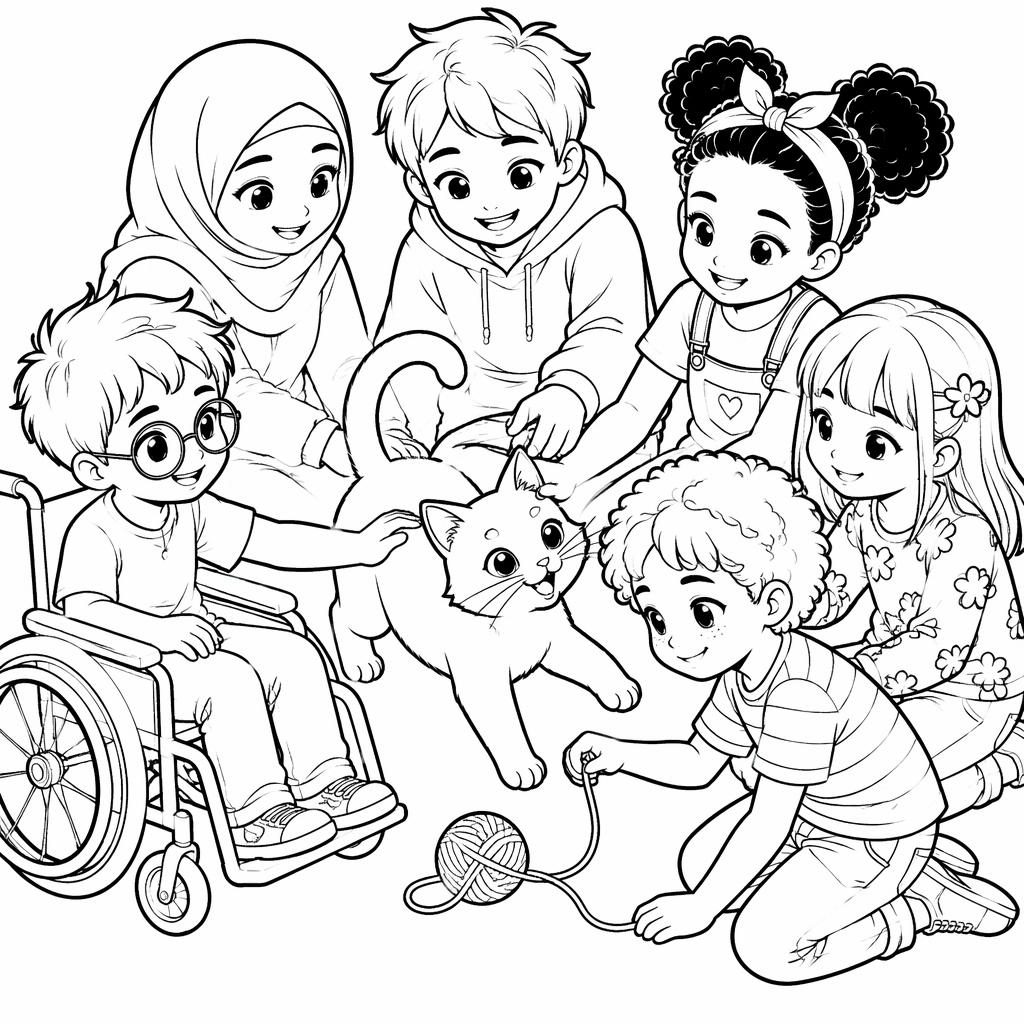 Ilustración para colorear en blanco y negro de un gato juguetón con niños, estilo manga y líneas limpias.