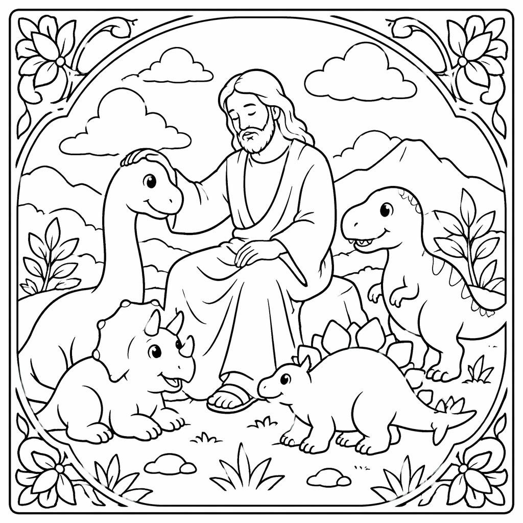 Schwarz-weiße Ausmalseite mit einfachen Dinosaurier-Szenen für Kinder, klare Konturen, weißer Hintergrund