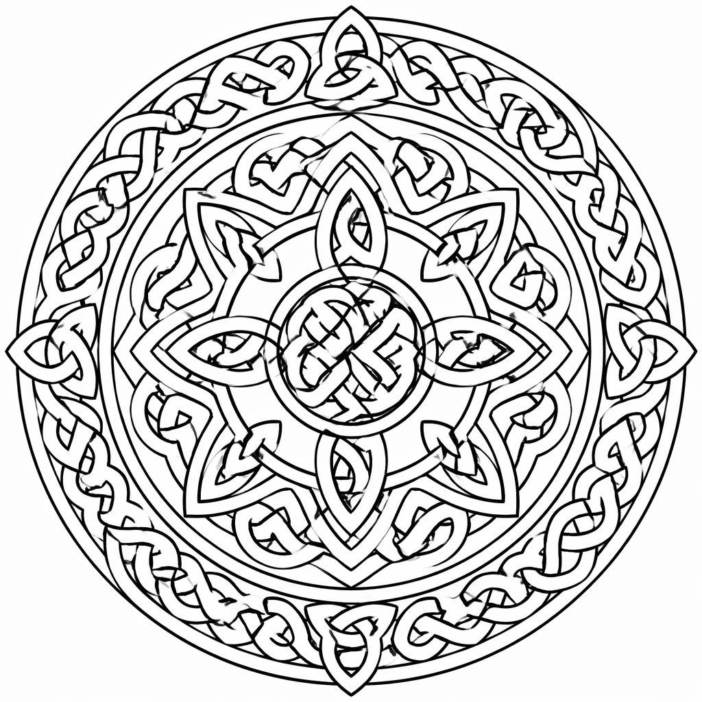 Ilustración para colorear en blanco y negro con nudos celtas intrincados, estilo zentangle y líneas limpias