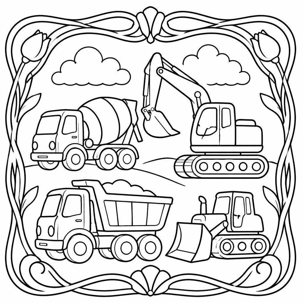 Black-and-white line art coloring page of simple construction trucks for kids in an art nouveau style.