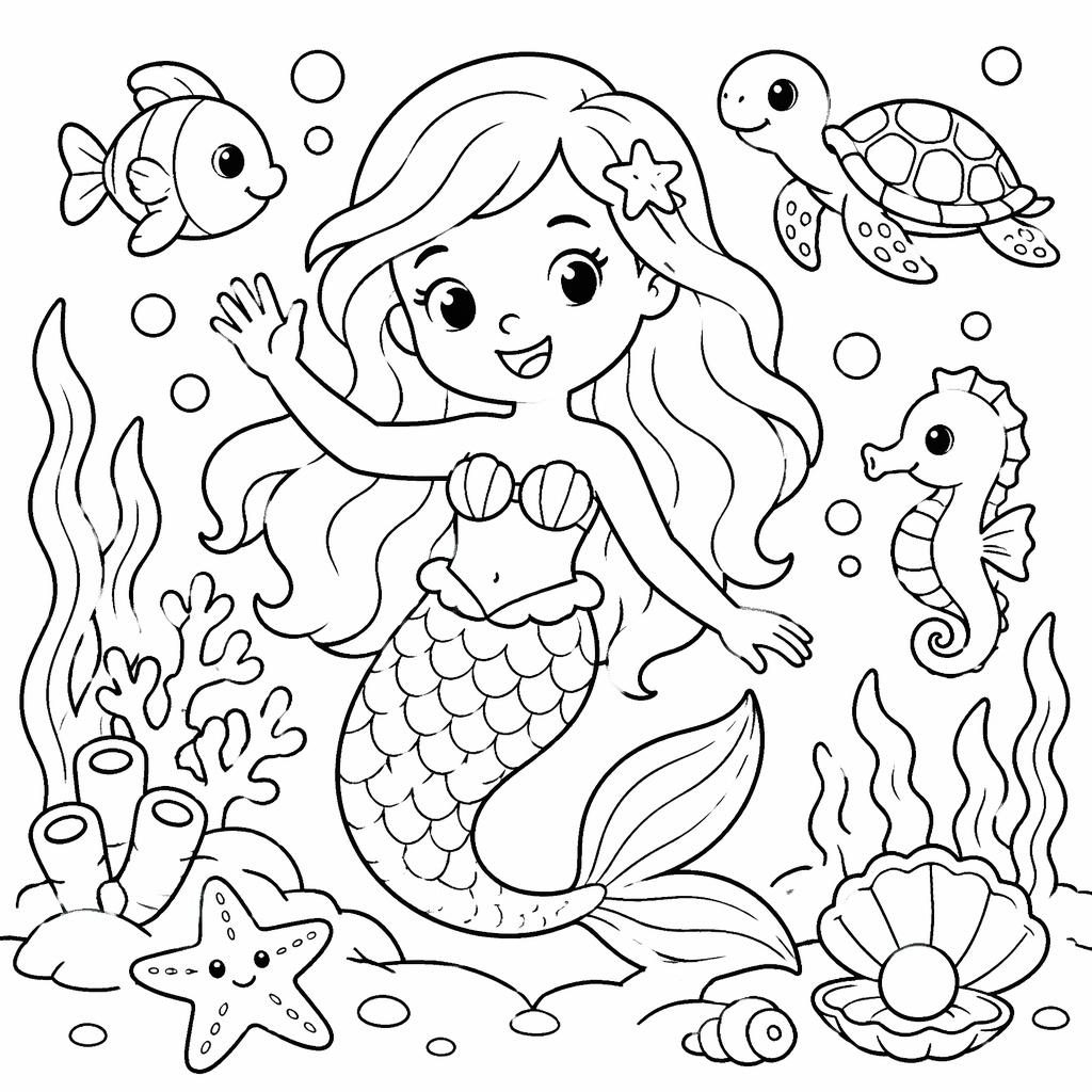 Ilustración infantil en blanco y negro de una sirena bajo el mar, estilo caricatura, con contornos limpios para colorear.