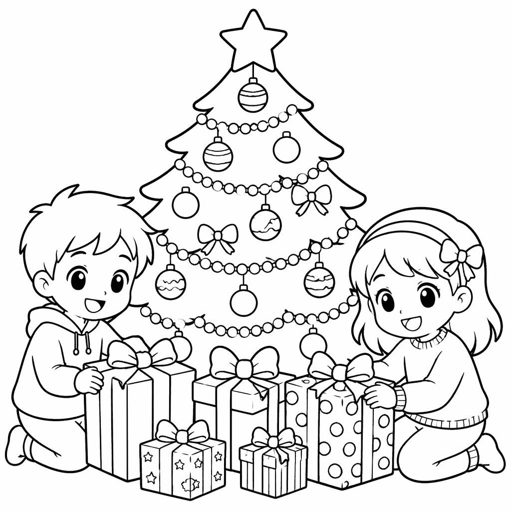 Ilustración en blanco y negro de un árbol de Navidad con regalos y niños, estilo manga simple para colorear.