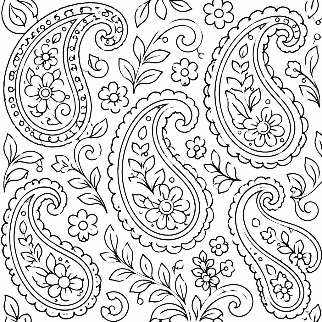 Ilustración para colorear en blanco y negro con patrones paisley simples y contornos negros limpios sobre fondo blanco.